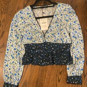 Zara Long sleeve blue floral silk blouse. Size small.
